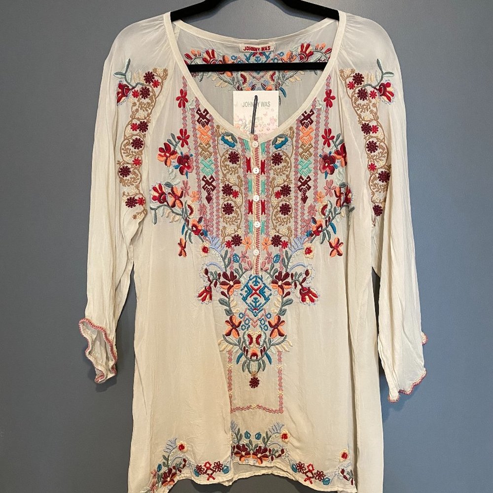 Johnny Was - Embroidered, silky tunic top - size L